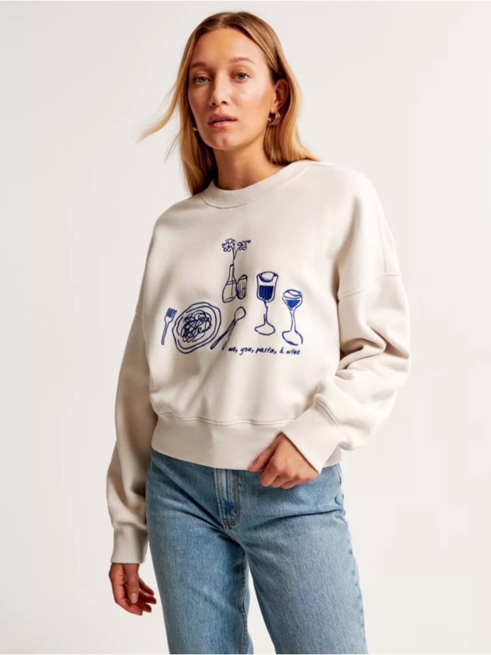 Abercrombie and Fitch Cream “Sunday” Crewneck “Me, You, Pasta & Wine” Sz Large